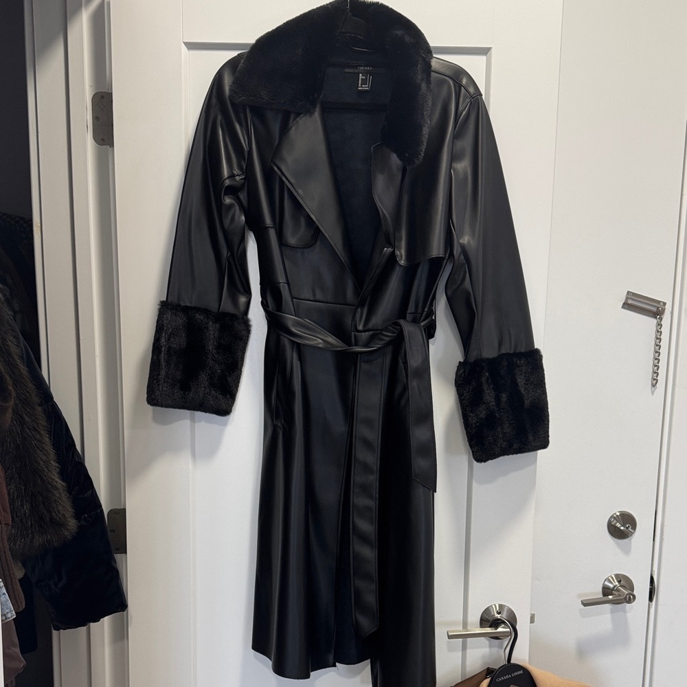 Black Faux Leather Coat with Fur Trim
